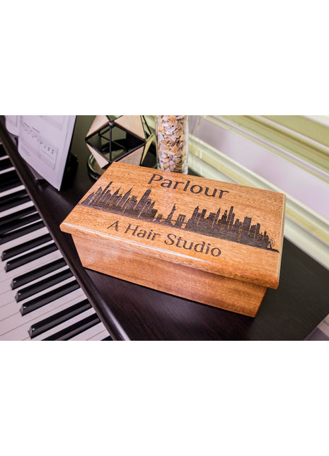 New York Skyline Music Box Add Text, Personalized Custom Laser Engraved Traditional Wind Up Handmade Wood Music Box