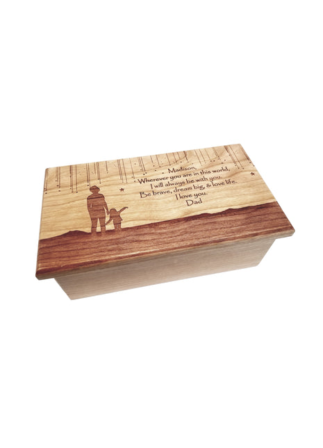 Father Daughter Shooting Stars Music Box Add Text, Personalized Custom Laser Engraved Traditional Wind Up Handmade Wood Music Box