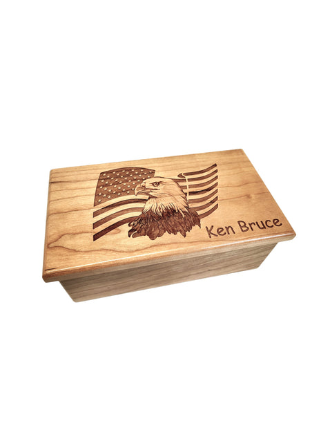 Eagle & Flag Music Box Add Text, Personalized Custom Laser Engraved Traditional Wind Up Handmade Wood Music Box