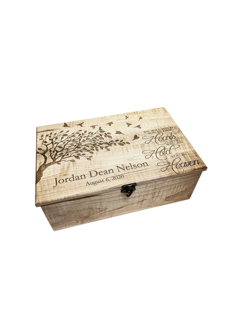 Tree with Birds 'Hold you in our Hearts' Poem Memory Box Add Text, Personalized Handmade Custom Wood Memorial Laser Engraved Box
