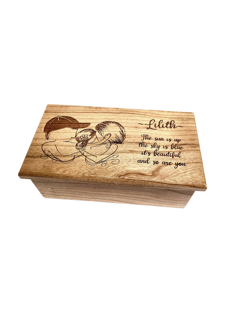 Father Mother Daughter Music Box Add Text, Personalized Custom Laser Engraved Traditional Wind Up Handmade Wood Music Box