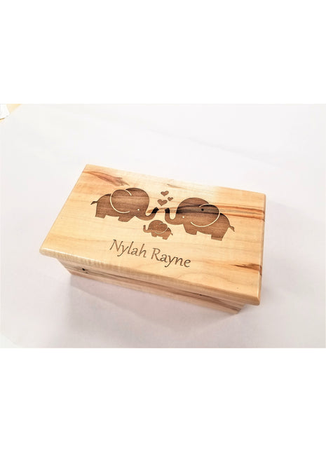 Cute Elephant Family Music Box Add Text, Personalized Custom Laser Engraved Traditional Wind Up Handmade Wood Music Box