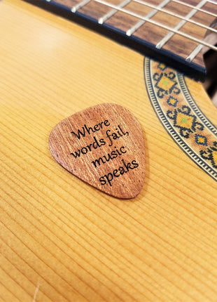 Personalized Handmade Where Words Fail Music Speaks Wooden Guitar Pick, Custom Wood Guitar Plectrum, Religious Pick, Church Guitar