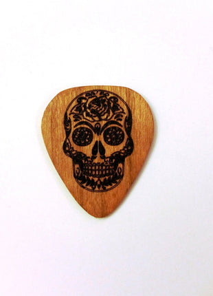 Personalized Handmade Sugar Skull Wooden Guitar Pick, Custom Wood Guitar Plectrum