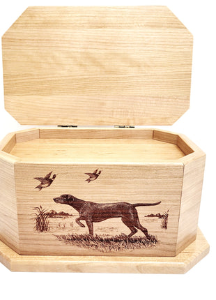 a wooden box with a picture of a dog on it