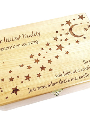 Moon and Stars Design Memory Box Add Text, Personalized Handmade Custom Wood Memorial Laser Engraved Box