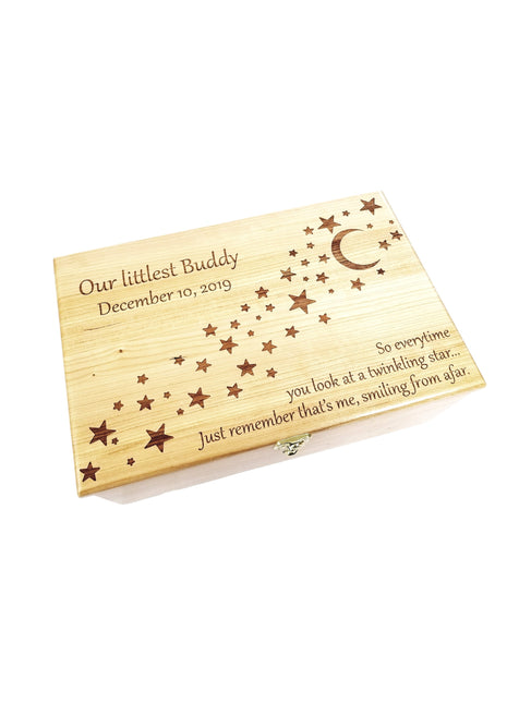 Moon and Stars Design Memory Box Add Text, Personalized Handmade Custom Wood Memorial Laser Engraved Box