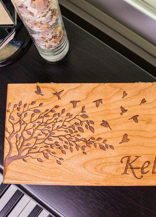 Tree with Birds Music Box Add Text, Personalized Custom Laser Engraved Traditional Wind Up Handmade Wood Music Box