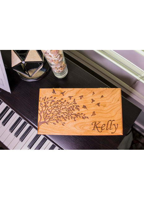 Tree with Birds Music Box Add Text, Personalized Custom Laser Engraved Traditional Wind Up Handmade Wood Music Box