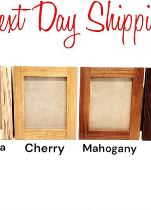 four different types of wooden picture frames, each with a unique color and finish, arranged in a row.