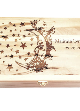 Moon and Stars Memory Box Add Text, Personalized Handmade Custom Wood Memorial Laser Engraved Box