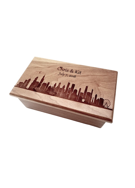 Chicago Skyline Music Box Add Text, Personalized Custom Laser Engraved Traditional Wind Up Handmade Wood Music Box