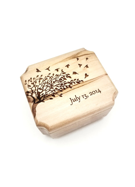 Tree with Birds Ring Box Add Text, Personalized Handmade Custom Laser Engraved Wooden Ring Box