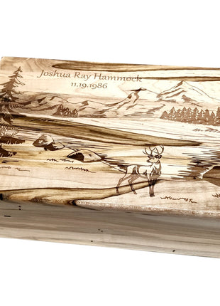 Mountains and Deer Memory Box Add Text, Personalized Handmade Custom Wood Memorial Laser Engraved Box