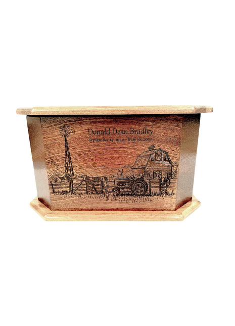 Farm with Cows Urn Add Text, Personalized Handmade Custom Wood Laser Engraved Memorial Urn