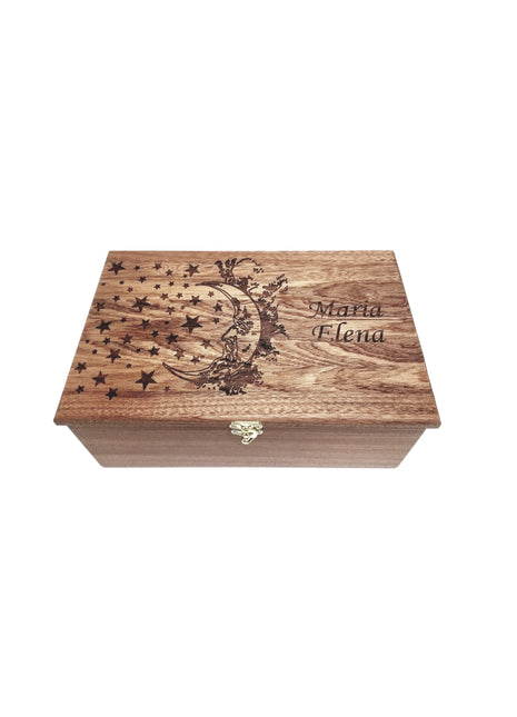 Moon and Stars Memory Box Add Text, Personalized Handmade Custom Wood Memorial Laser Engraved Box