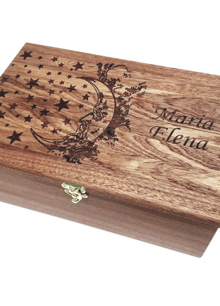 Moon and Stars Memory Box Add Text, Personalized Handmade Custom Wood Memorial Laser Engraved Box