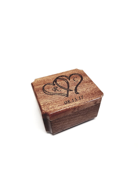 Double Hearts Ring Box Add Text, Personalized Handmade Custom Laser Engraved Wooden Ring Box