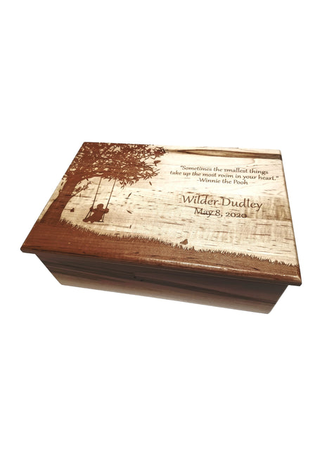 Little Boy on Swing Memory Box Add Text, Personalized Handmade Custom Wood Memorial Laser Engraved Box