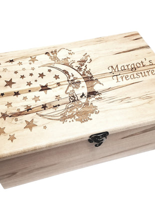 Moon and Stars Memory Box Add Text, Personalized Handmade Custom Wood Memorial Laser Engraved Box