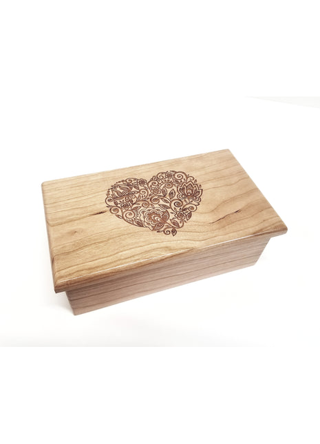 Floral Heart Music Box Add Text, Personalized Custom Laser Engraved Traditional Wind Up Handmade Wood Music Box