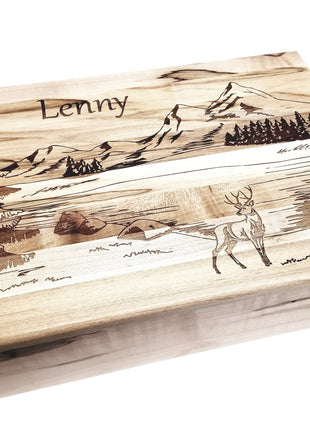 Mountains and Deer Memory Box Add Text, Personalized Handmade Custom Wood Memorial Laser Engraved Box