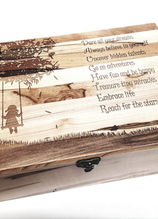 Little Girl on Swing Memory Box Add Text, Personalized Handmade Custom Wood Memorial Laser Engraved Box