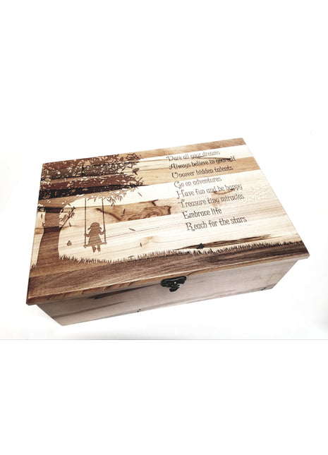 Little Girl on Swing Memory Box Add Text, Personalized Handmade Custom Wood Memorial Laser Engraved Box