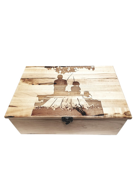 Fishing Father and Daughter Memory Box Add Text, Personalized Handmade Custom Wood Memorial Laser Engraved Box