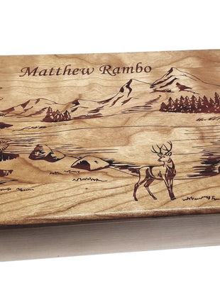 Mountains and Deer Memory Box Add Text, Personalized Handmade Custom Wood Memorial Laser Engraved Box