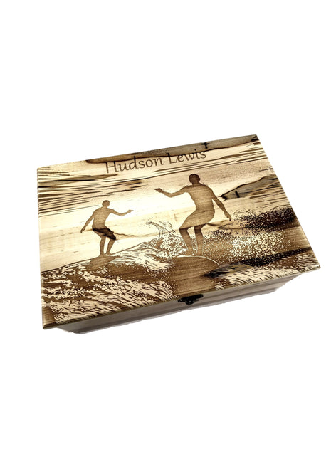 Surfing Memory Box Add Text, Personalized Handmade Custom Wood Memorial Laser Engraved Box