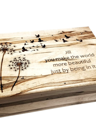 Dandelion and Birds Memory Box Add Text, Personalized Handmade Custom Wood Memorial Laser Engraved Box