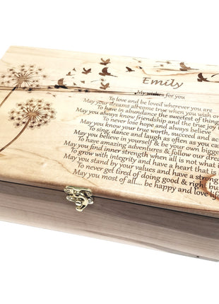 Dandelion and Birds Memory Box Add Text, Personalized Handmade Custom Wood Memorial Laser Engraved Box