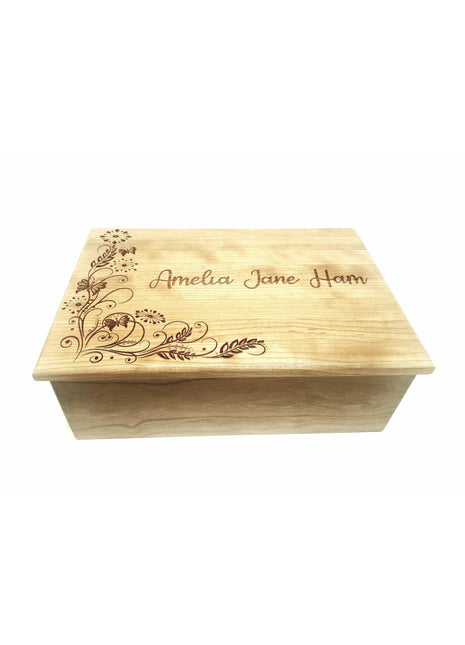 Flower Butterfly Corner Border Memory Box Add Text, Personalized Handmade Custom Wood Memorial Laser Engraved Box
