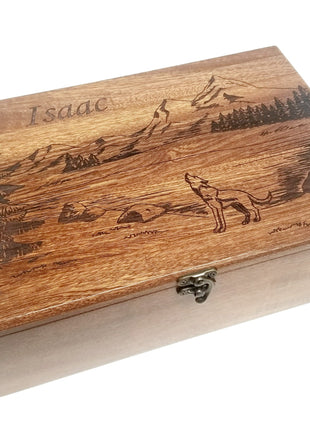 Wolf in Mountains Memory Box Add Text, Personalized Handmade Custom Wood Memorial Laser Engraved Box