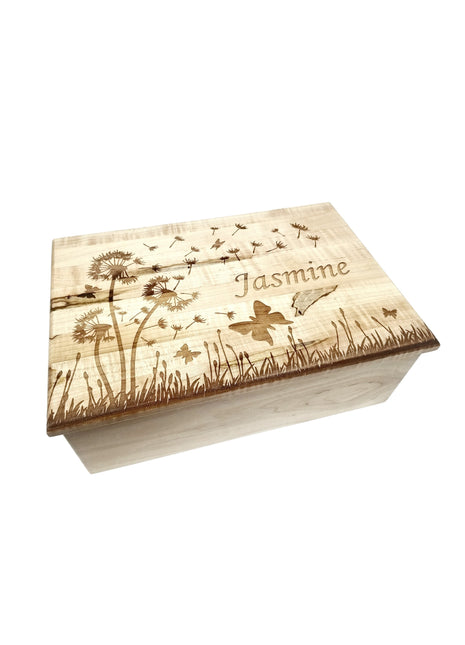 Dandelions & Butterfly Memory Box Add Text, Personalized Handmade Custom Wood Memorial Laser Engraved Box