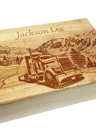 Tractor Trailer in Mountains Memory Box Add Text, Personalized Handmade Custom Wood Memorial Laser Engraved Box