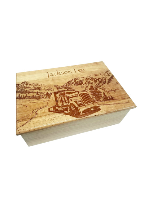 Tractor Trailer in Mountains Memory Box Add Text, Personalized Handmade Custom Wood Memorial Laser Engraved Box