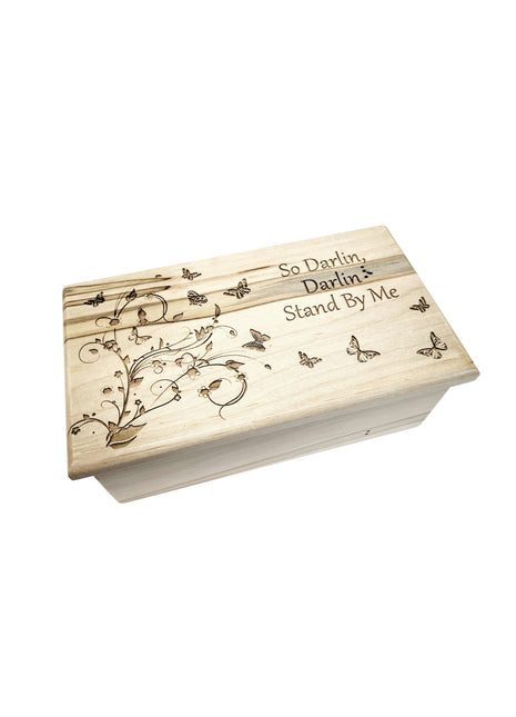 Butterflies & Flowers Music Box Add Text, Personalized Custom Laser Engraved Traditional Wind Up Handmade Wood Music Box