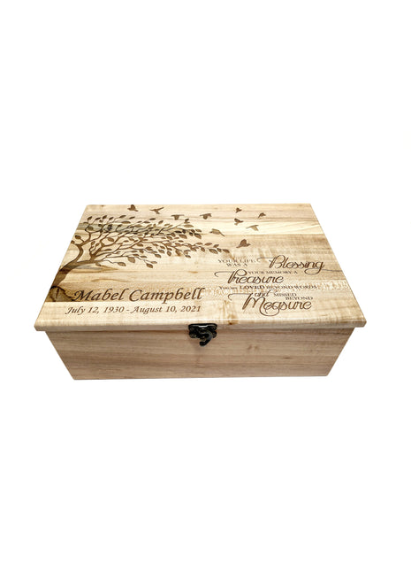 Tree with Birds 'Your Life Was a Blessing' Poem Memory Box Add Text, Personalized Handmade Custom Wood Memorial Laser Engraved Box