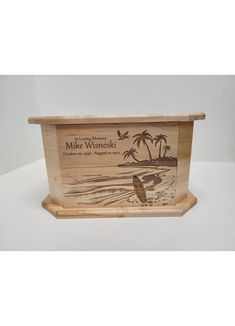 Surf Board Beach Scene Urn Add Text, Personalized Handmade Custom Wood Laser Engraved Memorial Urn