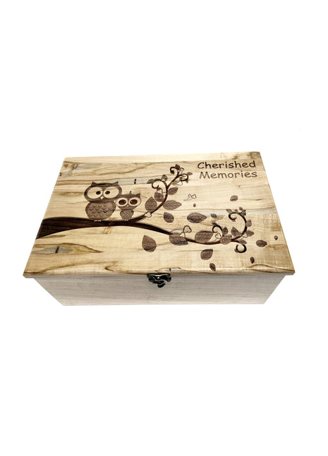 Cute Owls Memory Box Add Text, Personalized Handmade Custom Wood Memorial Laser Engraved Box