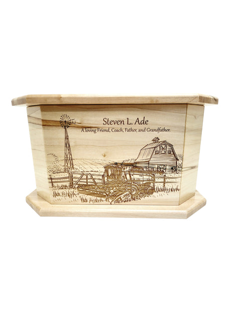 Farm with Combine Urn Add Text, Personalized Handmade Custom Wood Laser Engraved Memorial Urn