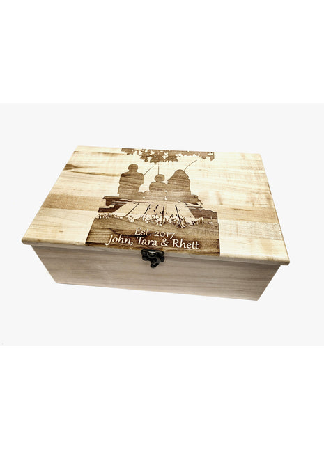 Fishing Mother Father and Son Memory Box Add Text, Personalized Handmade Custom Wood Memorial Laser Engraved Box