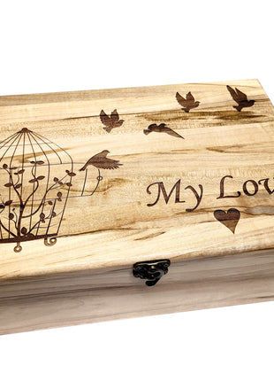 Birds Flying from Cage Memory Box Add Text, Personalized Handmade Custom Wood Memorial Laser Engraved Box