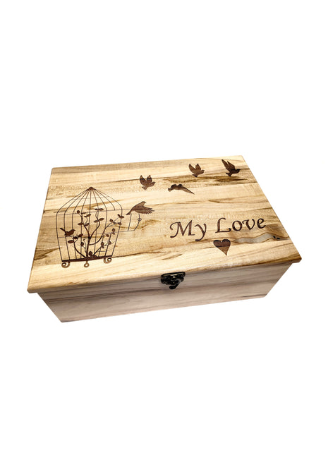 Birds Flying from Cage Memory Box Add Text, Personalized Handmade Custom Wood Memorial Laser Engraved Box