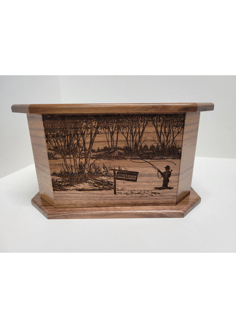 Mountain River Flyfishing Urn Add Text, Personalized Handmade Custom Wood Laser Engraved Memorial Urn