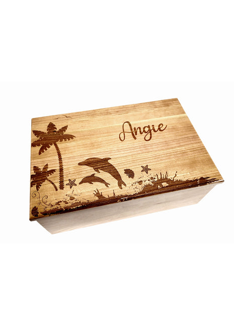 Dolphins Memory Box Add Text, Personalized Handmade Custom Wood Memorial Laser Engraved Box