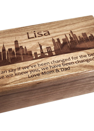 New York Skyline Electronic Music Box Add Text, Personalized Custom Wood Laser Engraved Music Box