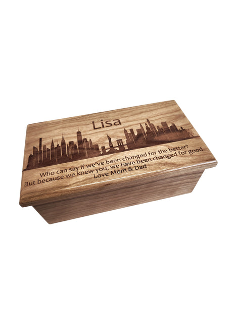 New York Skyline Electronic Music Box Add Text, Personalized Custom Wood Laser Engraved Music Box